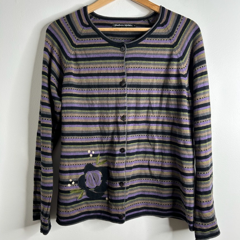 Gudrun Sjoden Striped Cardigan Sweater Womens L Wool Cotton Floral Embroidered